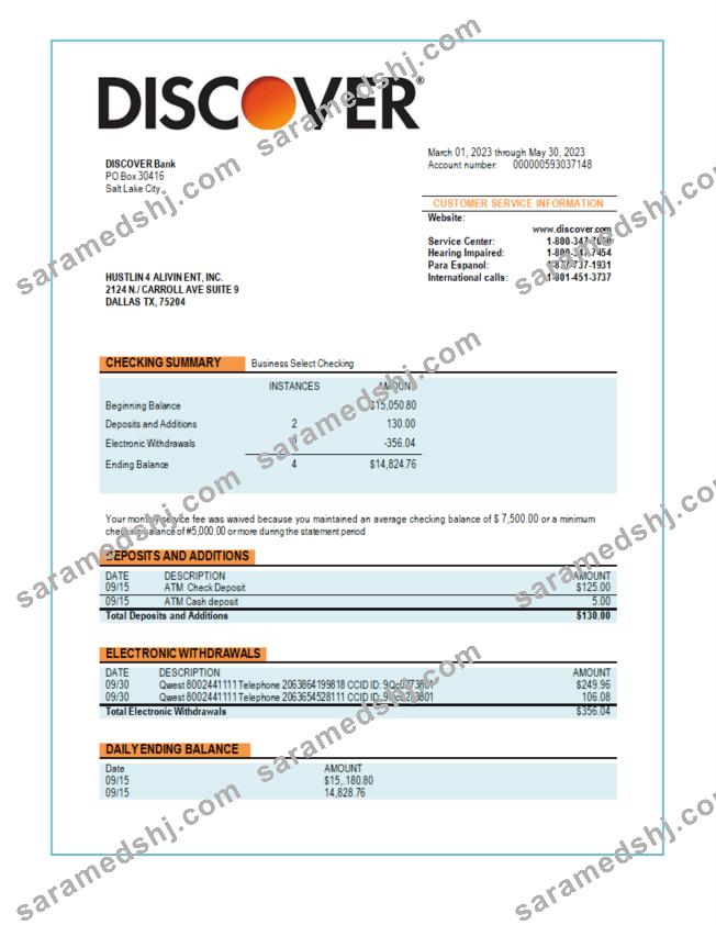 Discover  Bank business statement Word and PDF template